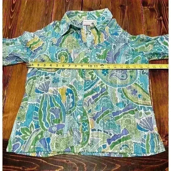 Alfred Dunner Ocean Print Button Down Blouse Sz 10P 3/4 Roll-up Sleeves - Picture 6 of 7
